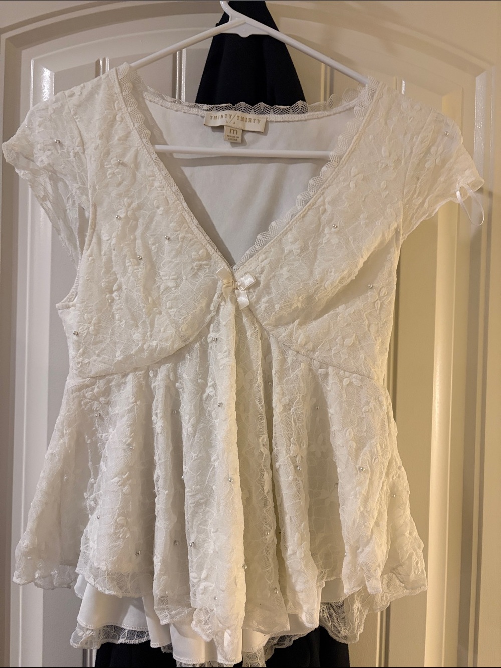 White Lace Peplum Blouse with Tie-Front